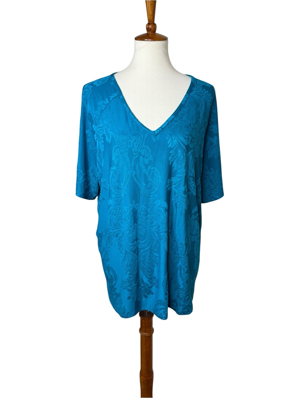 d&co Denim & Company Teal Jacquard V-Neck Tunic Top XL